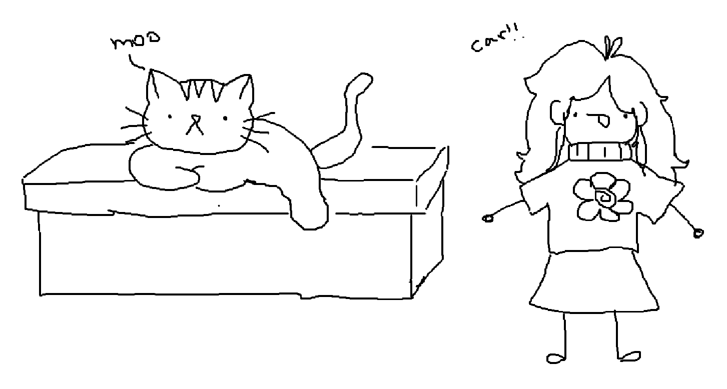Hand-drawn cat lounging on a box, with a handwritten moo